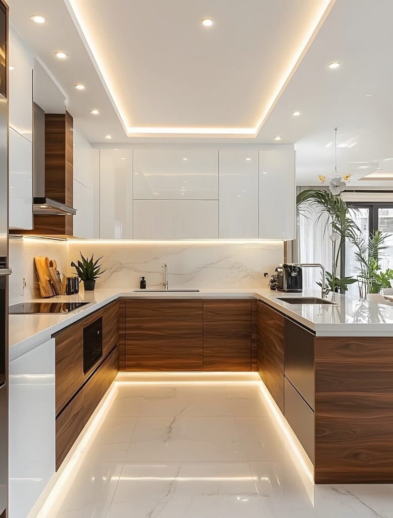 مطبخ عصري يجمع بين الخشب والألمنيوم